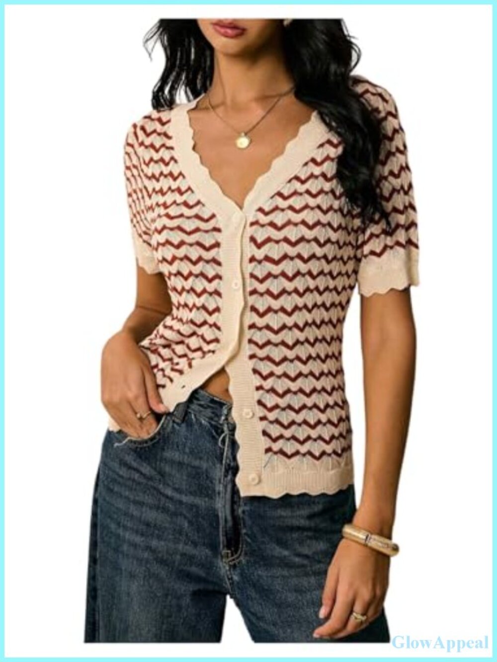 Striped Knit Cardigan with Scalloped Trim, Soft V-Neck Short Sleeve Sweater